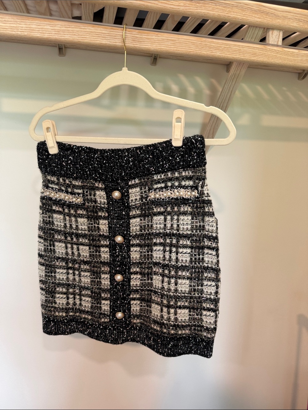 Cache Black & White Tweed Mini Skirt with Pearl Buttons